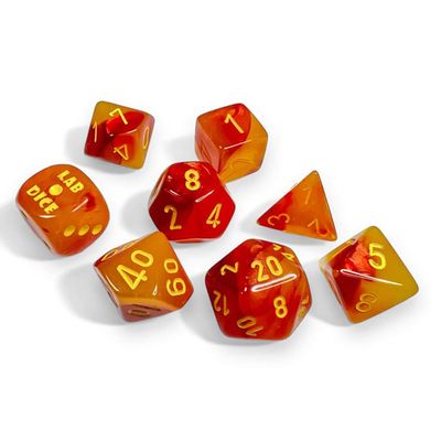 Gemini Gellow and Red with Yellow Numbers Luminary 7+1 Dice Set 16mm (5/8in) Chessex