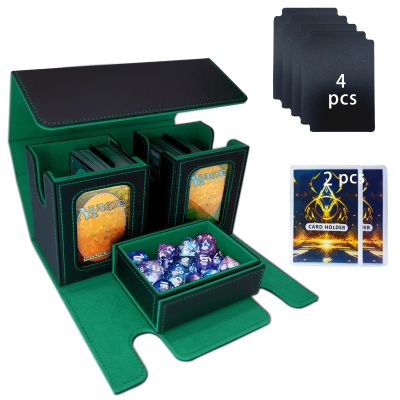 Alinwu MTG Commander Card Storage Box - Fits 200 Double Sleeved Cards,3-in-1Card Deck Case,Strong Magnet Card Organizer For Magic Commander TCG CCG,4Dividers &3 Toploaders(Black&Green)