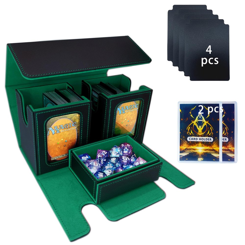 Alinwu MTG Commander Card Storage Box - Fits 200 Double Sleeved Cards,3-in-1Card Deck Case,Strong Magnet Card Organizer For Magic Commander TCG CCG,4Dividers &3 Toploaders(Black&Green)