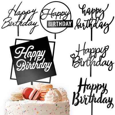 Apluselection 6 Pcs Black Happy Birthday Cake Toppers Set, Acrylic Cake Decoration for Birthday Party
