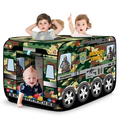 DOOLMIN Pop Up Play Tent for Kids - Foldable Indoor & Outdoor Playhouse Vehicle Toys for Toddlers, Boys and Girls - 2 Openings, Flat-Folding for Compact Storage (Green Vehicle)