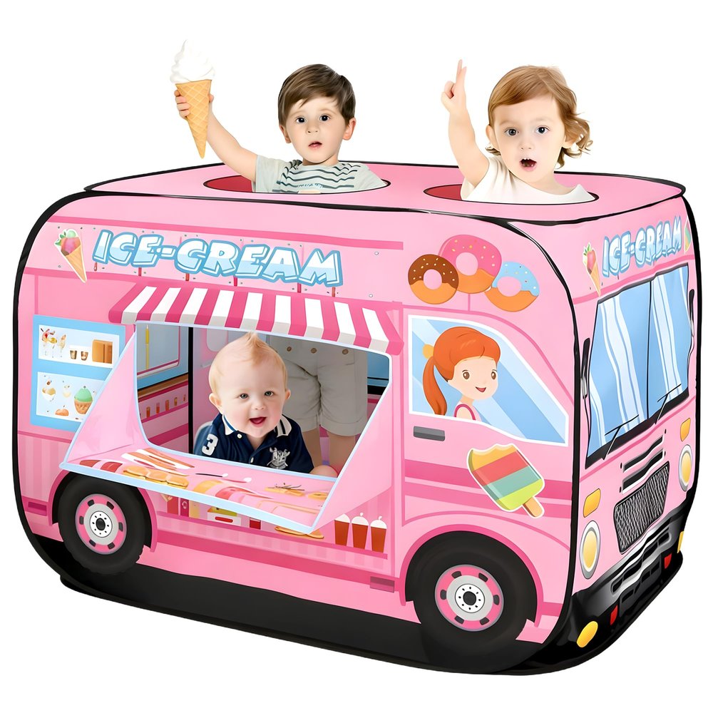 DOOLMIN Pop Up Play Tent for Kids - Foldable Indoor & Outdoor Playhouse Vehicle Toys for Toddlers, Boys and Girls - 2 Openings, Flat-Folding for Compact Storage(Ice Cream Car,Pink)