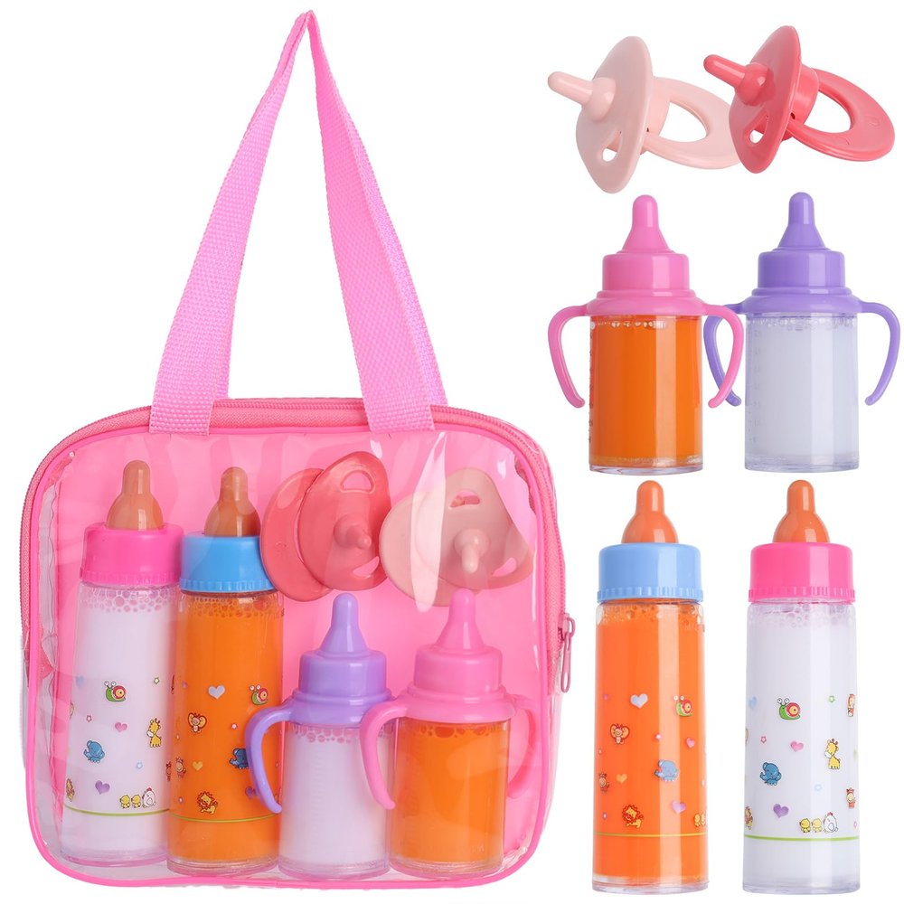 Beem Jun Baby Doll Bottles Accessories Set for Toddlers, 2 Milk and 2 Juice Bottles and 2 Toy Pacifier (Pink)