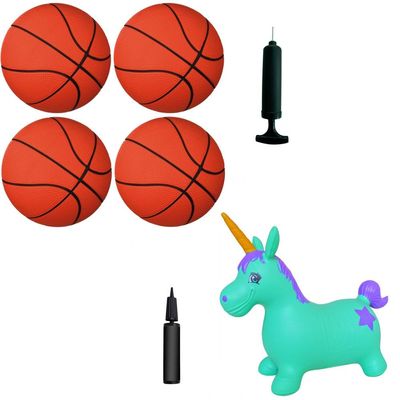 AppleRound 4 Basketballs + 1 Unicorn Bouncer, 5-inch Basketballs Bundle with Turquoise Bouncy Unicorn for Toddlers and Kids - with Pump