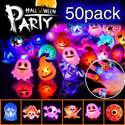 Halloween Party Favors for Kids Adults 50Pcs Halloween Treats Toys Bulk Light Up Rings Gifts Flashing LED Glow In The Dark Party Supplies Goodie Bag Fillers Stuffers Non Candy Treats Prizes Decorations