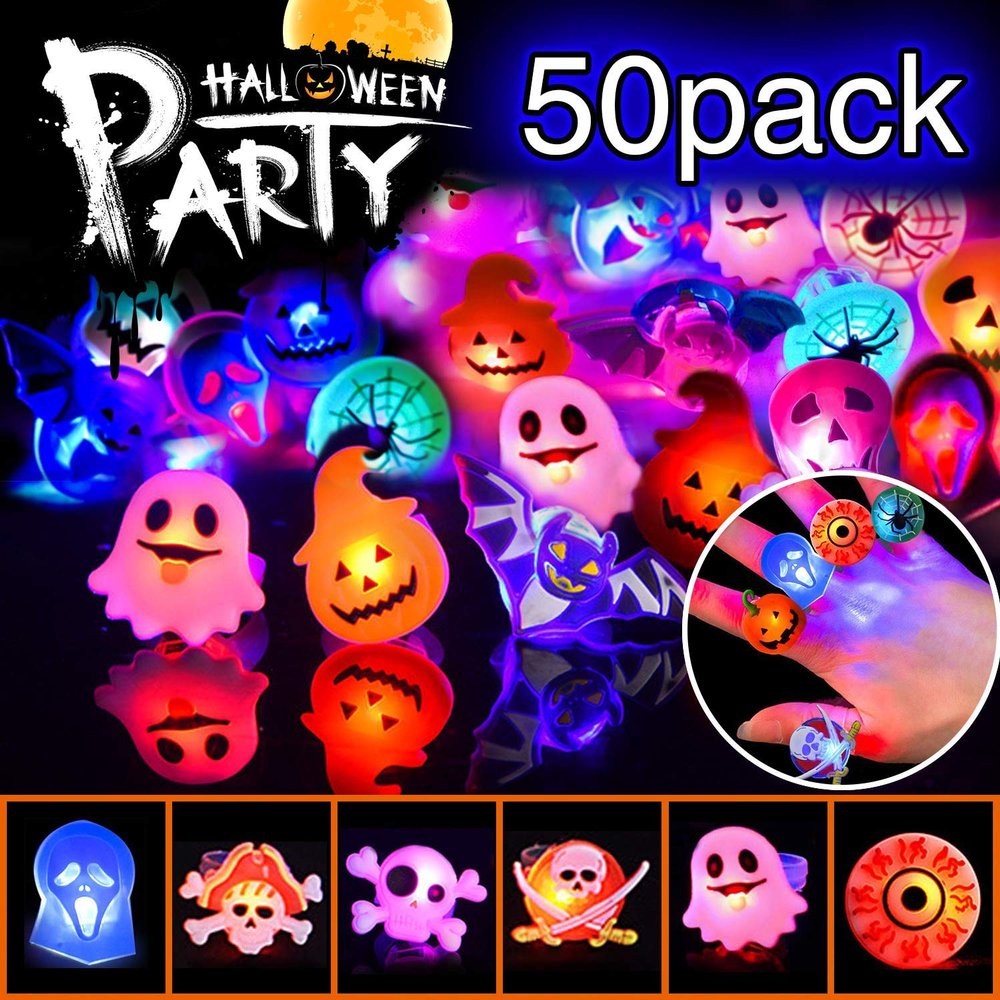 Halloween Party Favors for Kids Adults 50Pcs Halloween Treats Toys Bulk Light Up Rings Gifts Flashing LED Glow In The Dark Party Supplies Goodie Bag Fillers Stuffers Non Candy Treats Prizes Decorations
