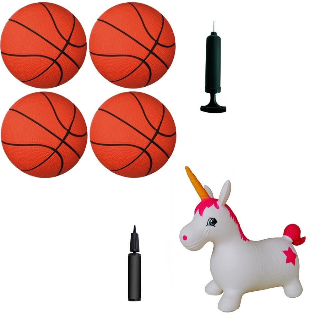 4 Basketballs + 1 Unicorn Bouncer, 5-inch Basketballs Bundle with White Bouncy Unicorn for Toddlers and Kids - with Pump