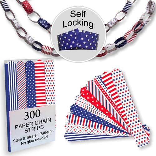 300 USA-Themed Paper Chain Strips for Crafting. No Glue or Tape Needed. Kid Friendly & Family Fun. 10 Stars-and-Stripes Patterns. Over 50 Feet of Paper Chains for Party Decorations (Stars and Stripes)