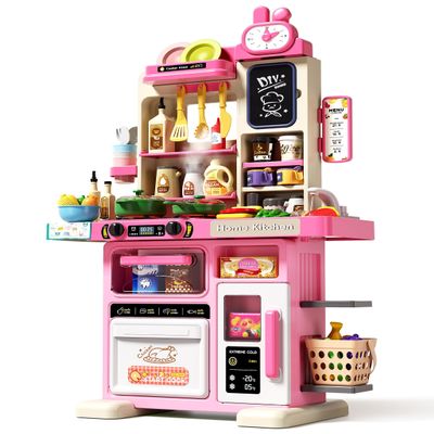 33.8IN - 70PCS Kids Kitchen Playset with Sound & Light - Cooking Stove with Steam, Play Sink and Toy Kitchen Accessories - Pretend Kitchen Play Food Toys for Kids Boys Girls - Toddler Play Kitchen Set