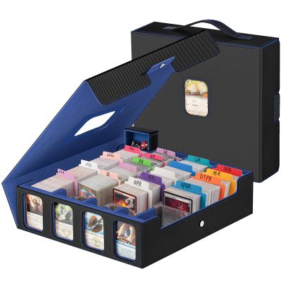 3200+ Trading Card Storage Box with Commander Display, 4-Row TCG Card Box with Portable Handle, Compatible for TCG/MTG/Magic Cards, 30 Colorful Divider, 8 Supporters, US Design Patent (Black&Blue)