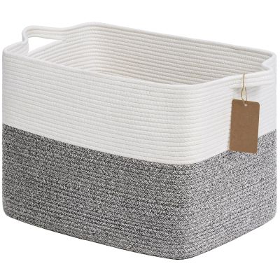 Goodpick Woven Storage Basket, Cotton Rope Baskets with Handles, Toy Baskets Storage Kids, Blanket Basket for Living Room, Bedroom, Gray and White, 18 x 14 x 12 Inches