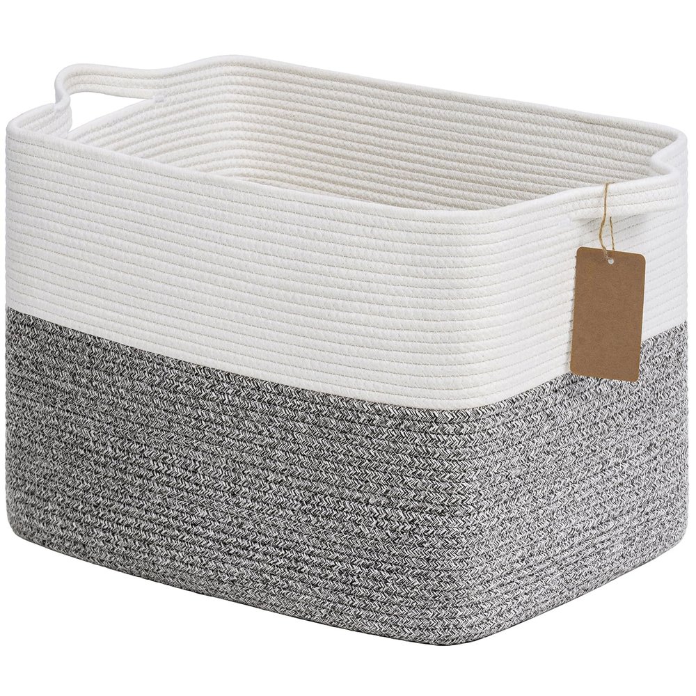 Goodpick Woven Storage Basket, Cotton Rope Baskets with Handles, Toy Baskets Storage Kids, Blanket Basket for Living Room, Bedroom, Gray and White, 18 x 14 x 12 Inches