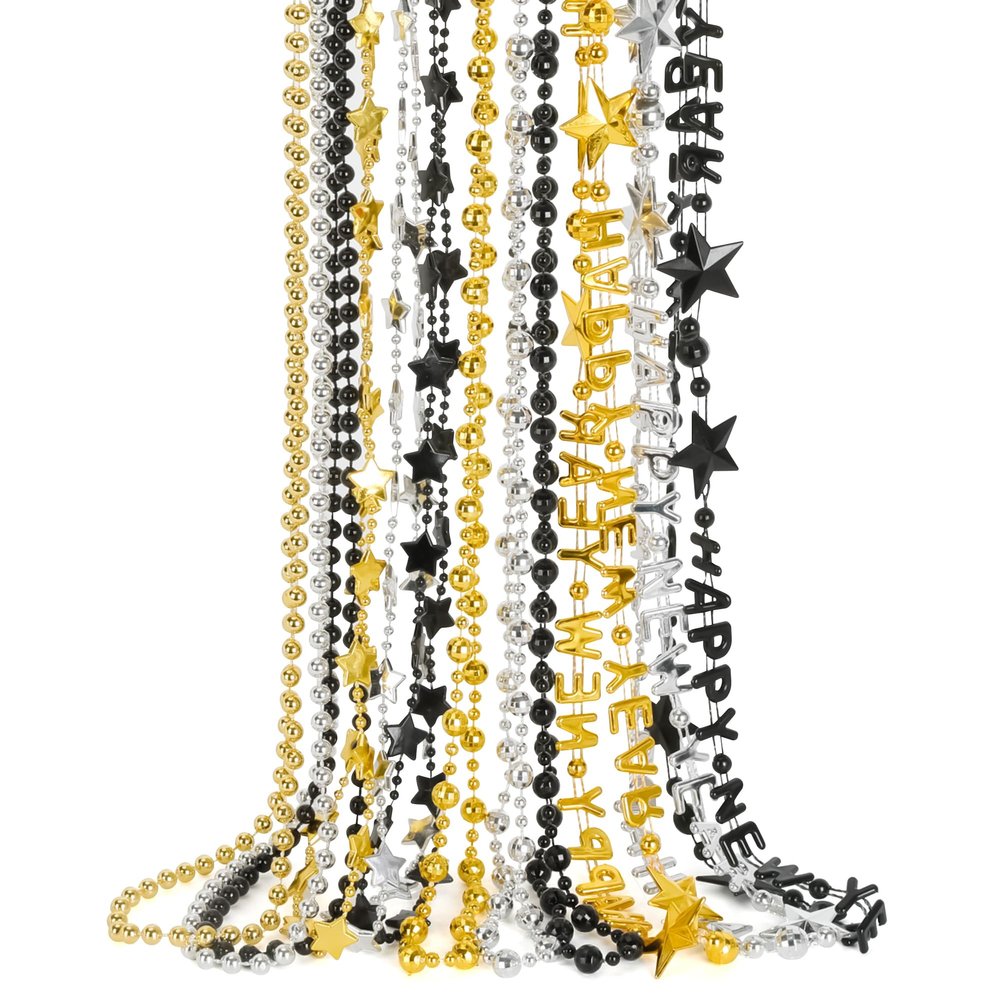 New Years Necklace Accessories, 100PCS New Years Eve Bead Necklaces Party Supplies 2026, 12 Kinds HAPPY NEW YEAR Star Necklace Bulk, Black Gold Silver Bead Necklace 2026 for New Year Decorations