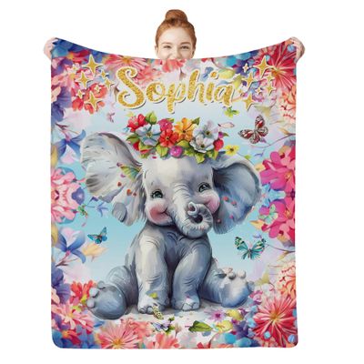 Artsadd Personalized Baby Blankets for Boys Girls with Name Custom Elephant Floral Name Blanket for Kids Baby Customized Toddler Receiving Blankets Baby Gifts for Infant Newborn Birthday Christmas S