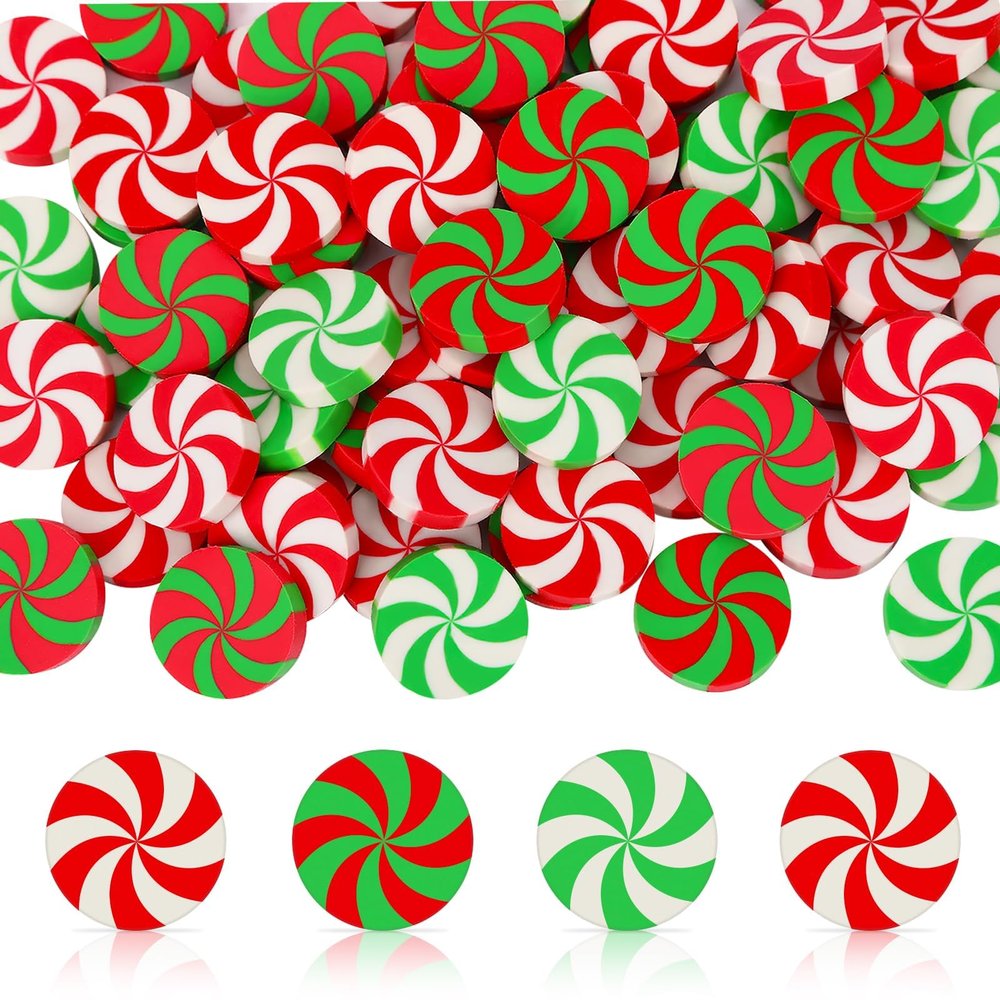JUNEBRUSHS 65Pcs Large Christmas Erasers for Kids Bulk, Cute Candy Cane Pencil Erasers Novelty Holiday Erasers for Student Classroom Rewards Christmas Prizes Gifts Stocking Stuffers