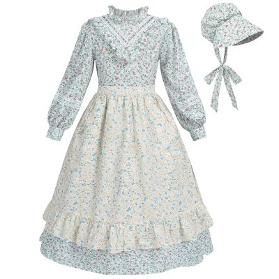 FCCAM Prairie Colonial Dress Girls Long Sleeve Pioneer Dress Costume Floral Pioneer Girl Laura Ingalls Wilder Green L