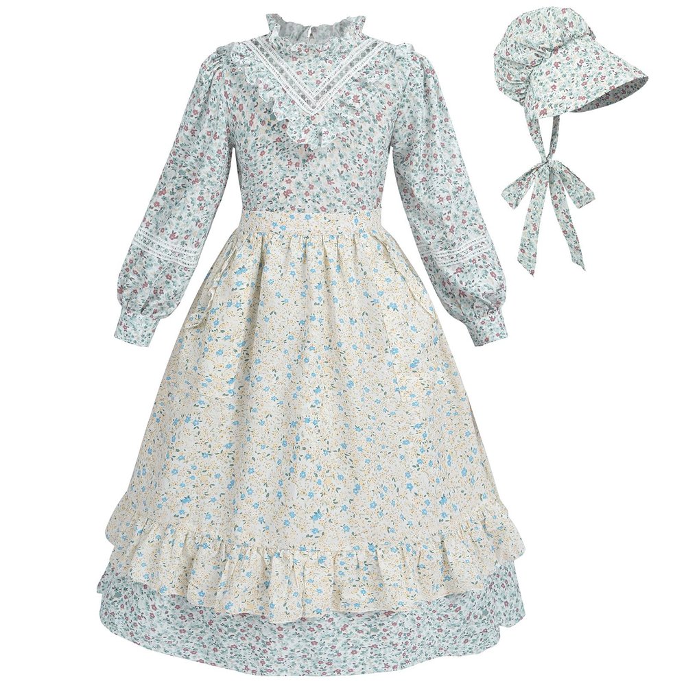 FCCAM Prairie Colonial Dress Girls Long Sleeve Pioneer Dress Costume Floral Pioneer Girl Laura Ingalls Wilder Green L