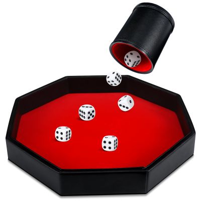 8 Pcs Dice Tray Game Set Includes 1 Red Velvet PU Leather Octagon Dice Roll Tray, Felt Lined PU Leather Dice Cup with 6 Dot Dices for Bar Party Dice Games