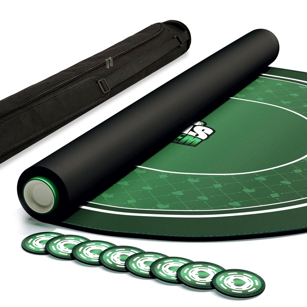 EVTHSU Poker Table Top Mat 70" X 35", Portable Texas Hold'em Casino Table Topper for 8 Players, Rubber Game Mat with Carrying Bag, 8 Coasters, 8 Hand Ranking Cards for Home Game Nights (Oval, Green)C
