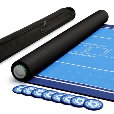 EVTHSU Poker Table Top Mat 70" X 35", Portable Texas Hold'em Casino Table Topper for 8 Players, Rubber Game Mat with Zipper Bag, 8 Coasters, 8 Hand Ranking Cards for Home Game Nights (Rectangle, Blue)