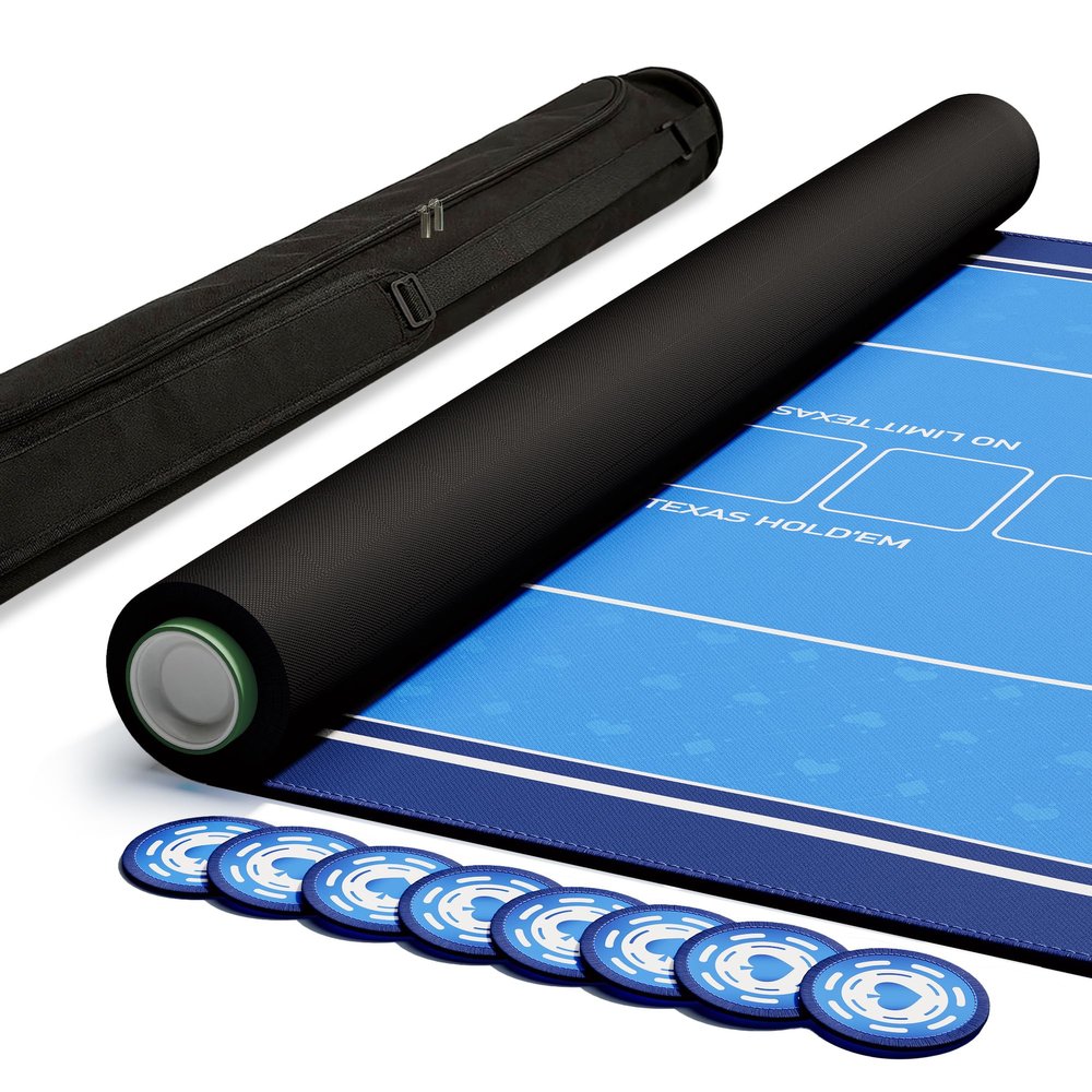 EVTHSU Poker Table Top Mat 70" X 35", Portable Texas Hold'em Casino Table Topper for 8 Players, Rubber Game Mat with Zipper Bag, 8 Coasters, 8 Hand Ranking Cards for Home Game Nights (Rectangle, Blue)
