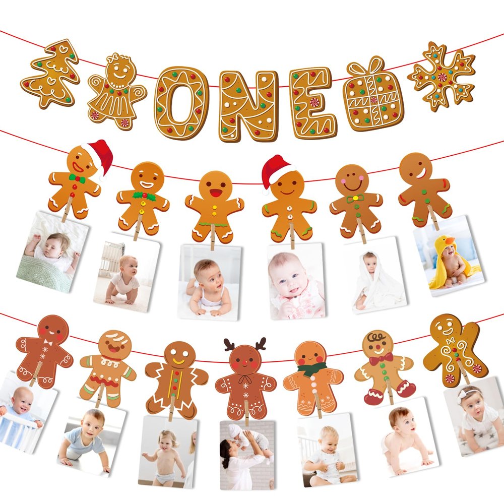 First Birthday Gingerbread Decorations with Christmas Photo Banner for Party Decorations