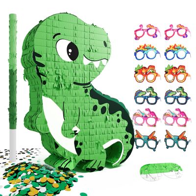 Dinosaur Piata for Boys, Piata de Dinosaurio para nios with 12pcs Paper Glasses, Confetti, Wood Stick and Blindfold, Dino Piata for Birthday Party Decorations (16"*13"*3.5")