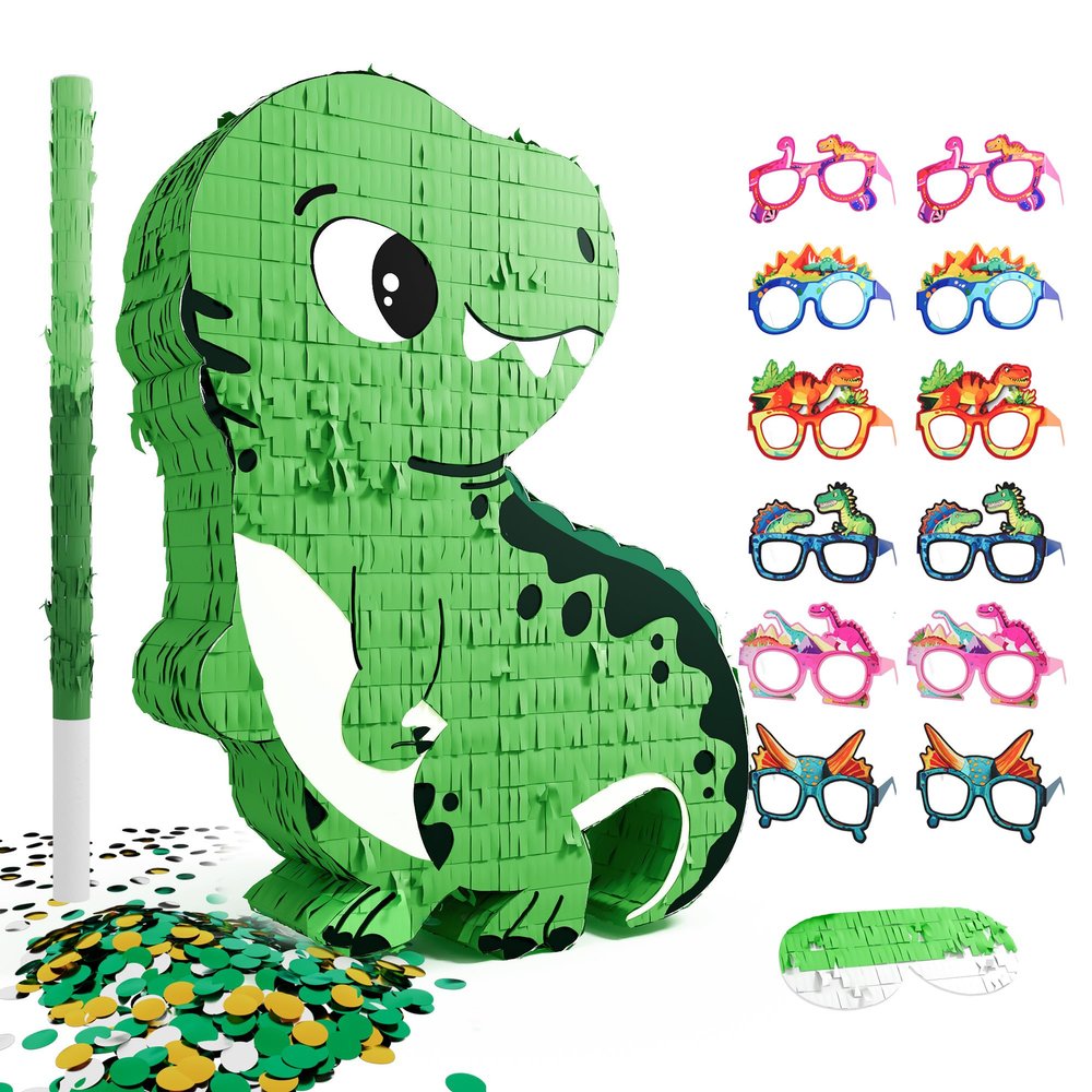 Dinosaur Piata for Boys, Piata de Dinosaurio para nios with 12pcs Paper Glasses, Confetti, Wood Stick and Blindfold, Dino Piata for Birthday Party Decorations (16"*13"*3.5")