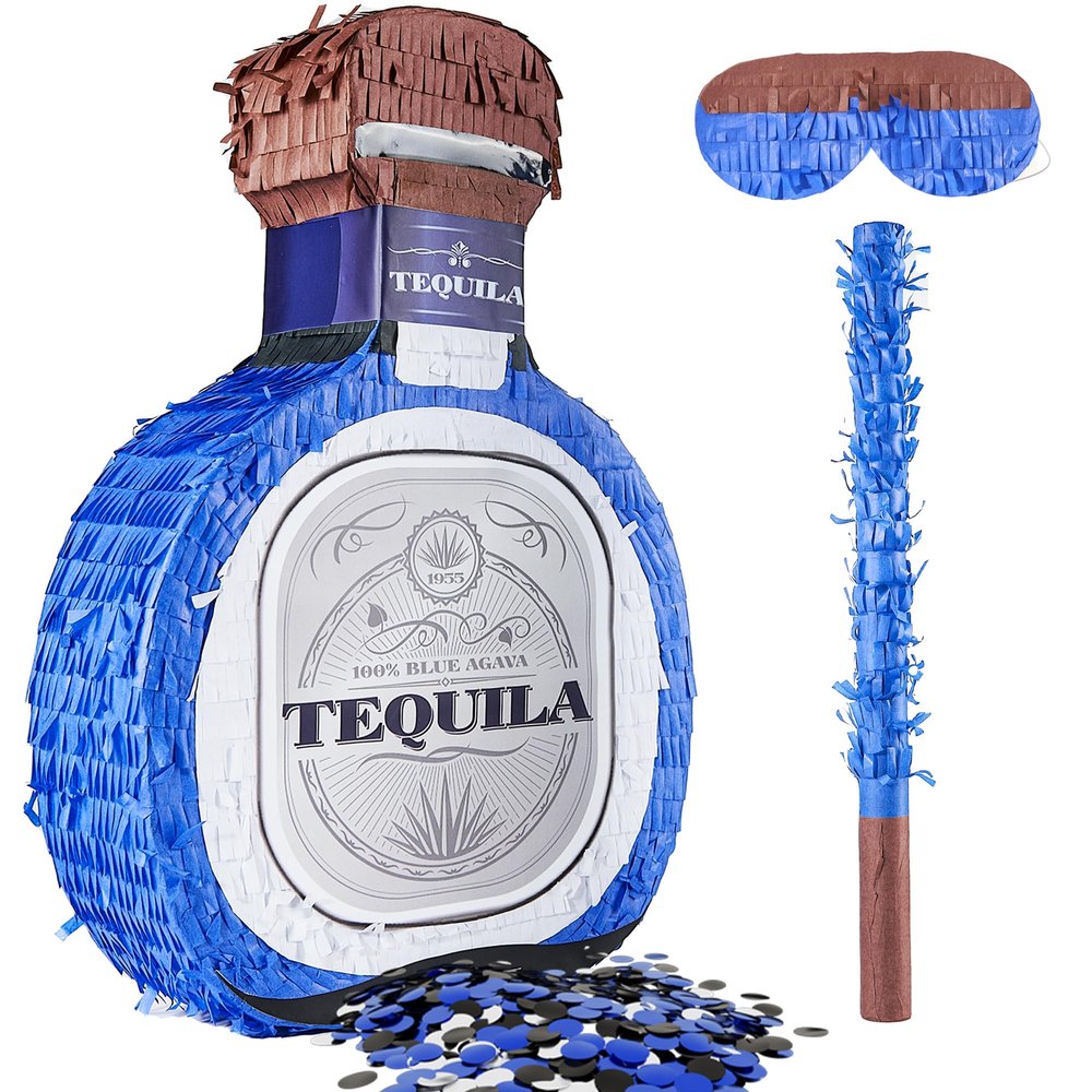 Adult Tequila Piata with Blindfold, Confetti, and Wood Stick, Funny Piata for Adults,21st, Mexican Theme Party Decorations(16 x 12 x 3.5 Inches)