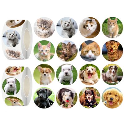 UVUXO 600 Pcs Cat and Dog Stickers for Kids- 1.5 Inch Round Sticker Roll 16 Tyles Cute Puppy and kitten Kindergarten Teacher Stickers for Kids Birthday Party School Reward Giveaways