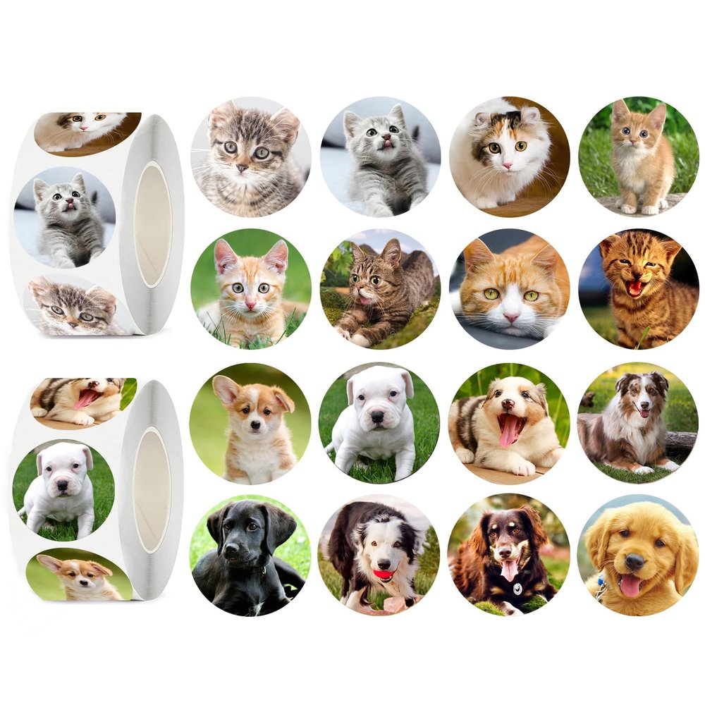 UVUXO 600 Pcs Cat and Dog Stickers for Kids- 1.5 Inch Round Sticker Roll 16 Tyles Cute Puppy and kitten Kindergarten Teacher Stickers for Kids Birthday Party School Reward Giveaways