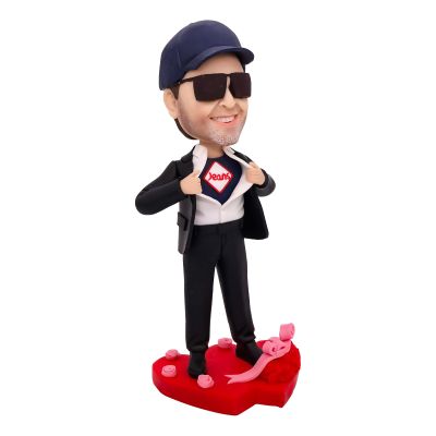 Custom Bobbleheads Happy Jeans Figurine, Smiling Man in Suit and Cap, 8 x 6 x 4 inches Toy for Private Collectibles Sculpture Handmade Clay bobbleheads