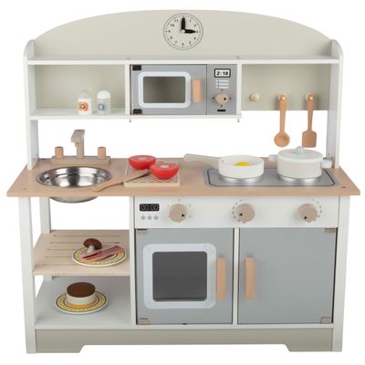 HEY! PLAY! Kids Kitchen Playset - Play Kitchen with Toy Microwave, Sink, Stovetop, Roaster, Utensils and Play Food - Wooden Play Kitchen for Toddlers