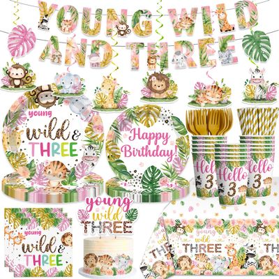 140pcs Young Wild and Three Party Decorations Plate, Safari Wild and Three Party Decorations Plate Napkins Tablecloth Banner for Jungle 3 Year Old Birthday Decorations Girl