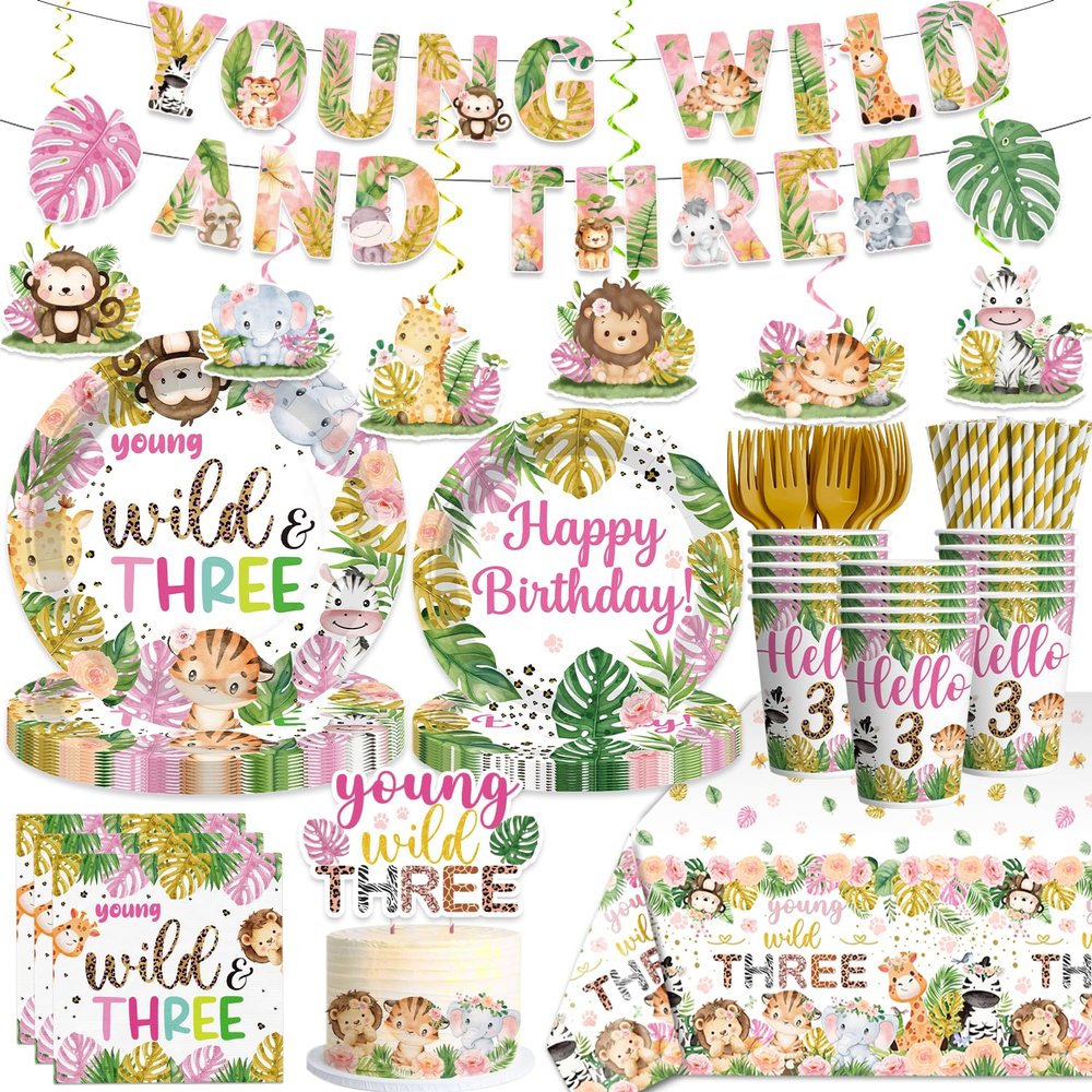 140pcs Young Wild and Three Party Decorations Plate, Safari Wild and Three Party Decorations Plate Napkins Tablecloth Banner for Jungle 3 Year Old Birthday Decorations Girl