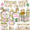 140pcs Young Wild and Three Party Decorations Plate, Safari Wild and Three Party Decorations Plate Napkins Tablecloth Banner for Jungle 3 Year Old Birthday Decorations Girl view 1