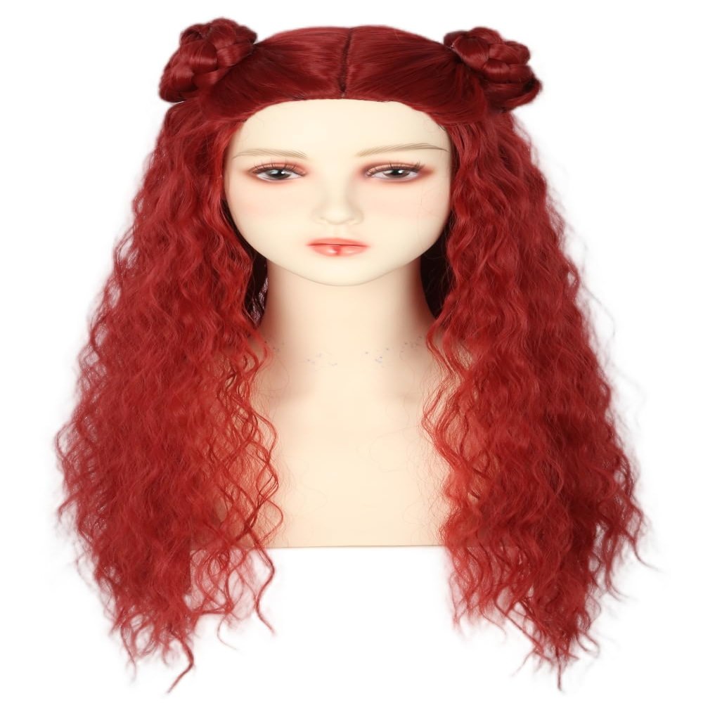LeMarnia Women's Wig Long Curly Red Wigs with Bun for Girls Halloween Costume Party Wig
