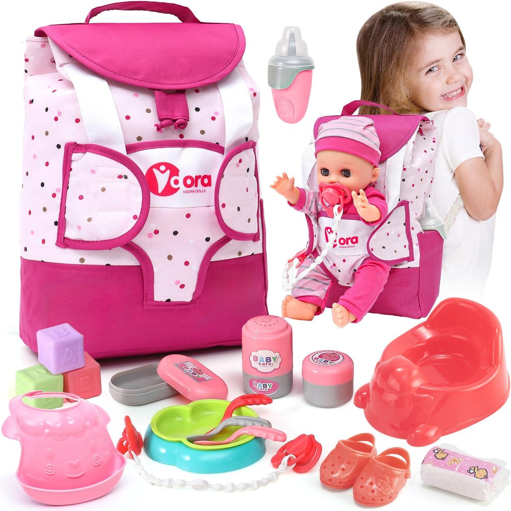 TUZT Baby Doll Accessories Playset, Baby Doll Care Toys with Changing Bag Backpack Feeding Set Doll Nappies Bottle Bath, Birthday Toys for Kids Girls (Doll Not Included)
