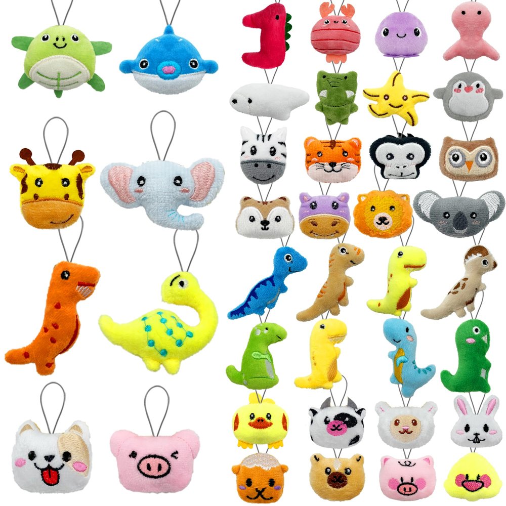 40 PCS Mini Stuffed Animal Toy Set with Dinosaur Farm Ocean and Jungle Creatures Perfect as Party Favors Claw Machine Fillers Keychains Carnival Prizes Classroom Rewards Bulk Assorted Plush Animals