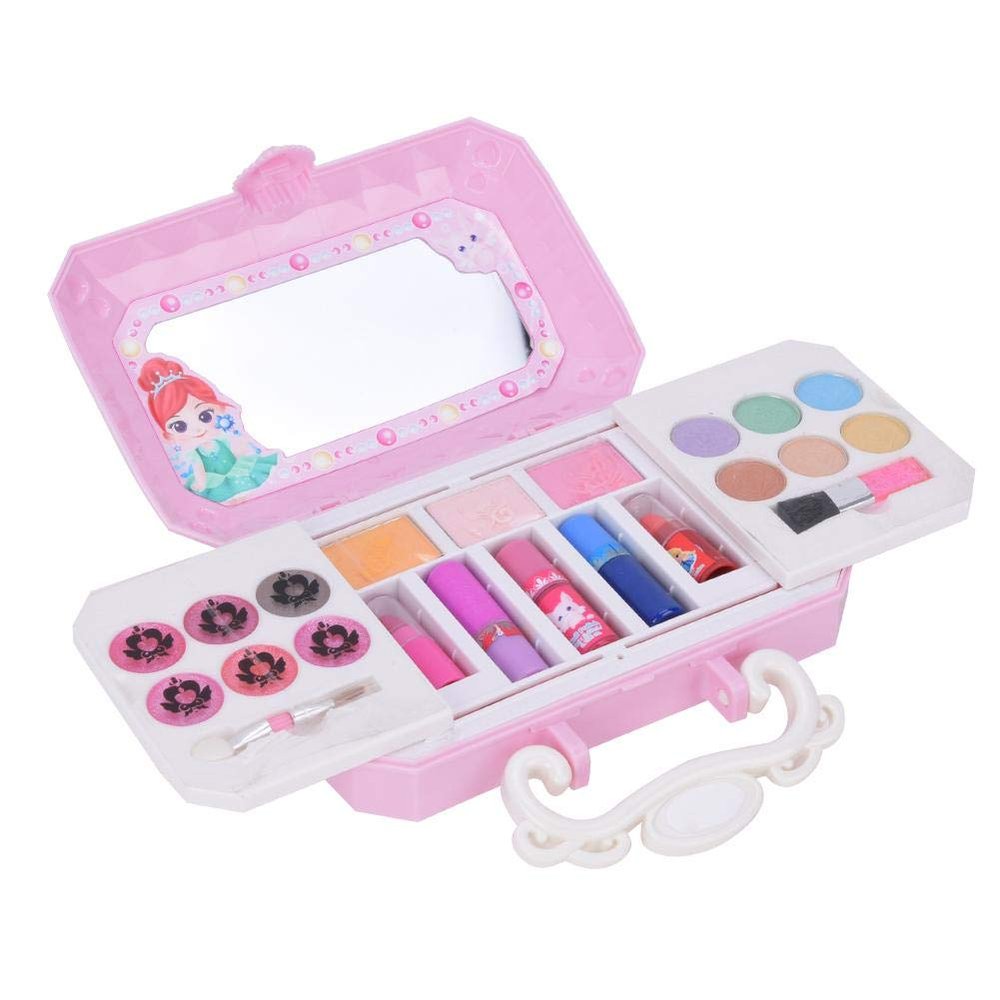PZLVAME Makeup Toy Facepaint Set Portable Water-Soluble Toy Children Make-up Cosmetic Decoration Toy with 6 Eyeshadows 6 Lip Gloss 3 Blush 2 Lipstick 3 NGA Polish 2 Make-up Brush for Kids(S22606)
