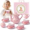 TUZT Tea Party Set for Little Girls Ages 3-8, Pink Heart Porcelain Tea Set with Gold Trim Edges, Princess Tea Time Toy Includes Pot & Cups & Saucers & Suitcase, Birthday Gifts for Toddlers Girls view 1