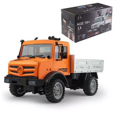 FunXylophy RC Truck, 1/16 Scale 2.4GHz 15KM/H Full-Scale RC Electric Brushed RWD Off-Road Truck Model with High-Intensity Headlights and Ultra Long Range (RTR Version/Orange)