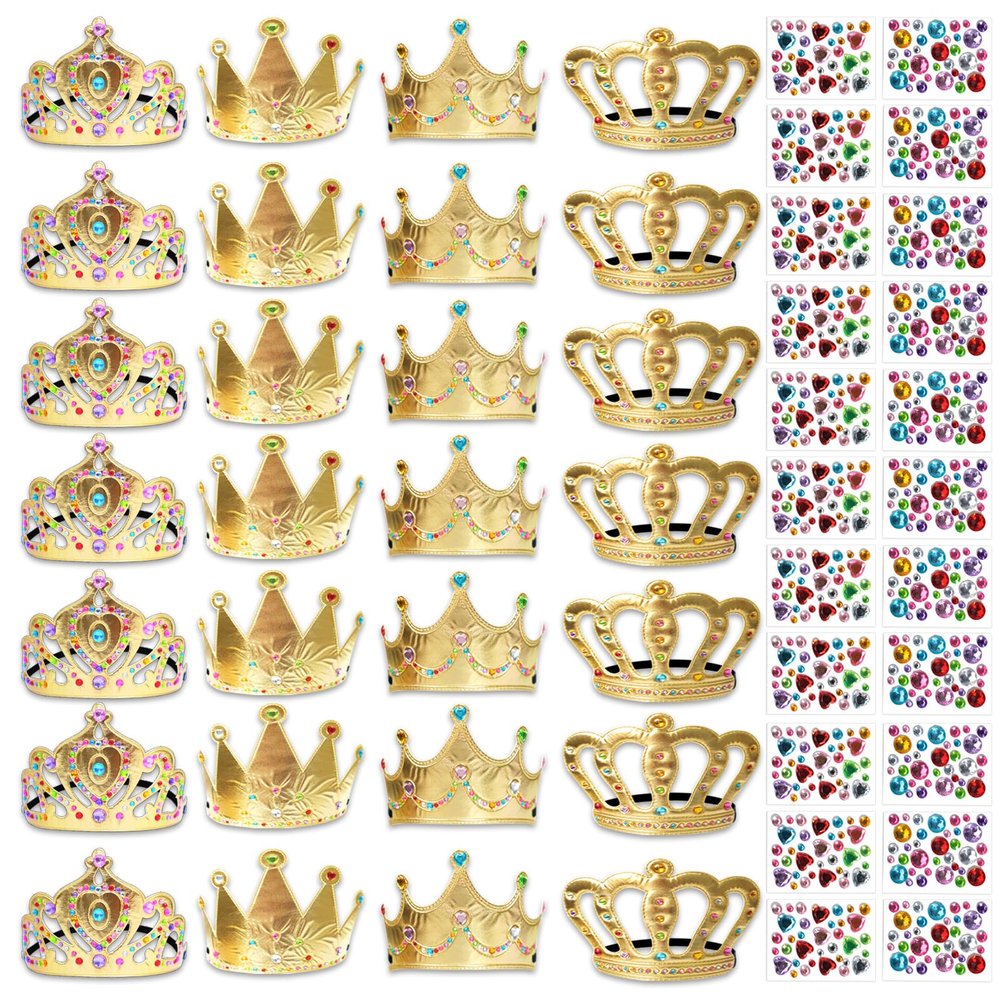 SENONAPO 50 Pcs Foam Crowns Kids Princess Tiaras Crowns Bulk with 2 Styles DIY Diamond Sticker Making Kits for Kids Birthday Party Supplies