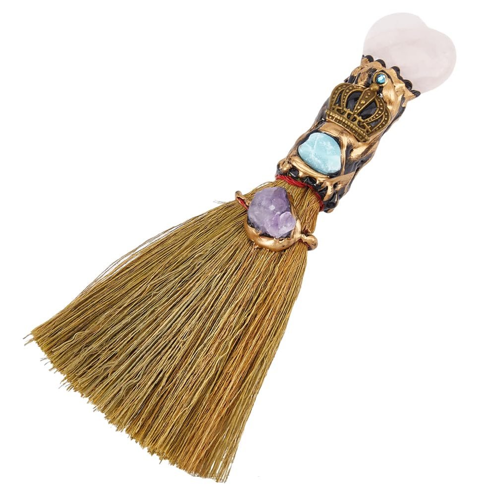 GORGECRAFT Natural Rose Quartz Magic Sweeper Mini Broom Halloween Decorations Faux Amethyst Crystal Witches Broomstick Witches Accessory for Costume Cosplay Party Cleaning Bedroom Office Home Decor