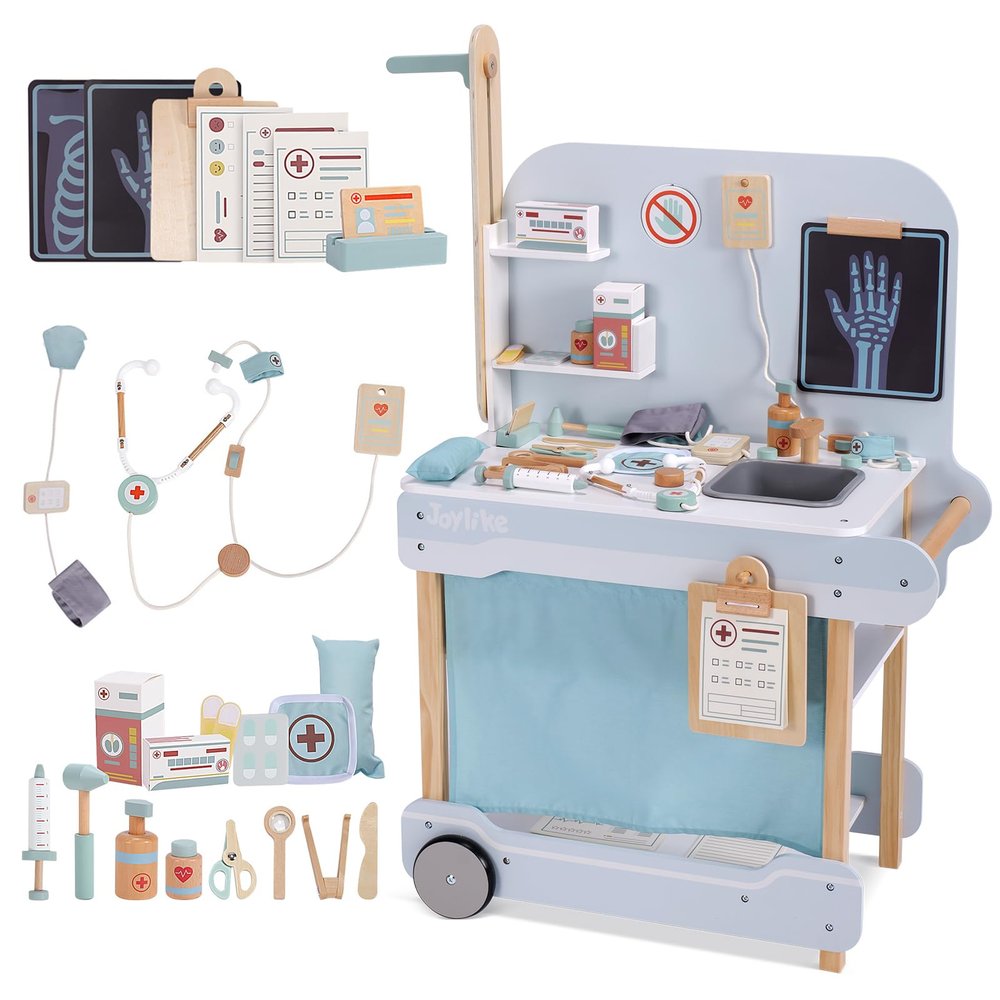 Joylike Wooden Doctor Playset, Kids Doctor Kits with 15PCS Accessories,Dr Pretend Playset for Kids/Toddlers Ages 3-5 6-8