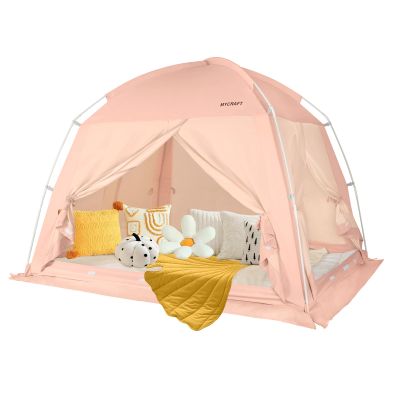 Bed Tents Canopy BedPrivacy Dream Tent for Cozy Indoor Sleeping, Light-Reducing,and Breathable, with 4 Doors Floor Tent BedAvailable in Twin, Full, and Queen Sizes (Pink, Twin)
