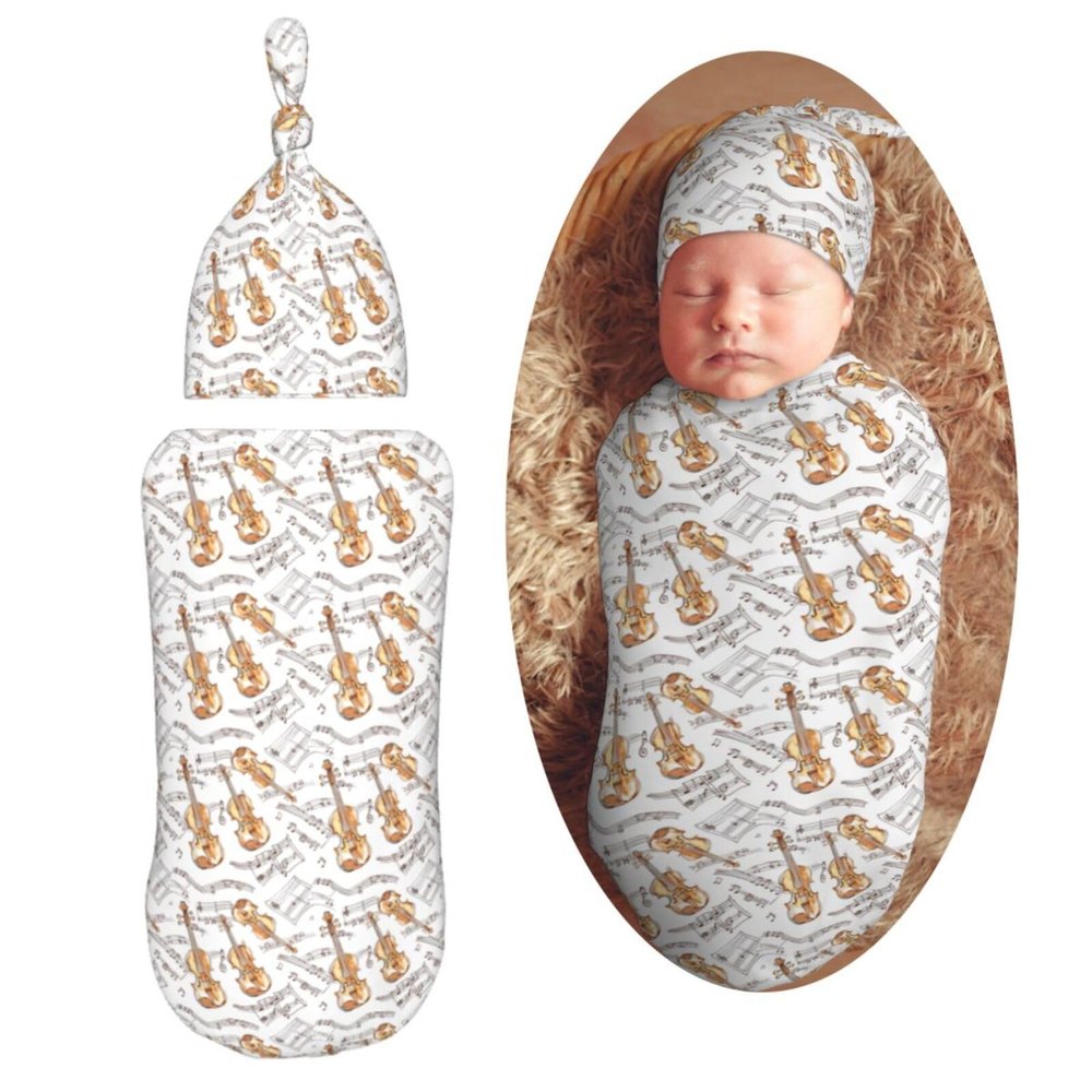 Muishi Violin Musical Notes Newborn Swaddle Blankets Hat Sets Soft Baby Receiving Blanket Swaddle Sack for Baby Shower Infant Boy Girl Gift