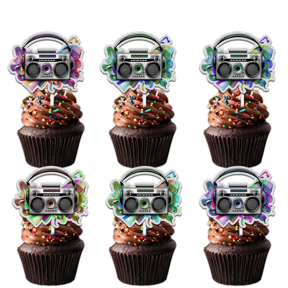 18pcs Glitter Retro Radio Dessert Cupcake Topper Pick for Retro Throwback 80s 90s Theme Decorations Men Women Happy Birthday Party Decor Supplies