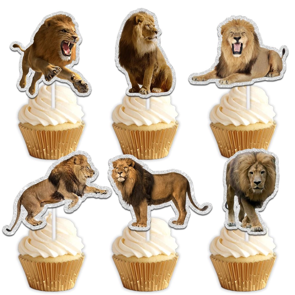 18pcs Gold Glitter Lion Dessert Cupcake Topper Pick for Animals Theme Decor Supplies Baby Shower Boy Girl Happy Birthday Party Decoration