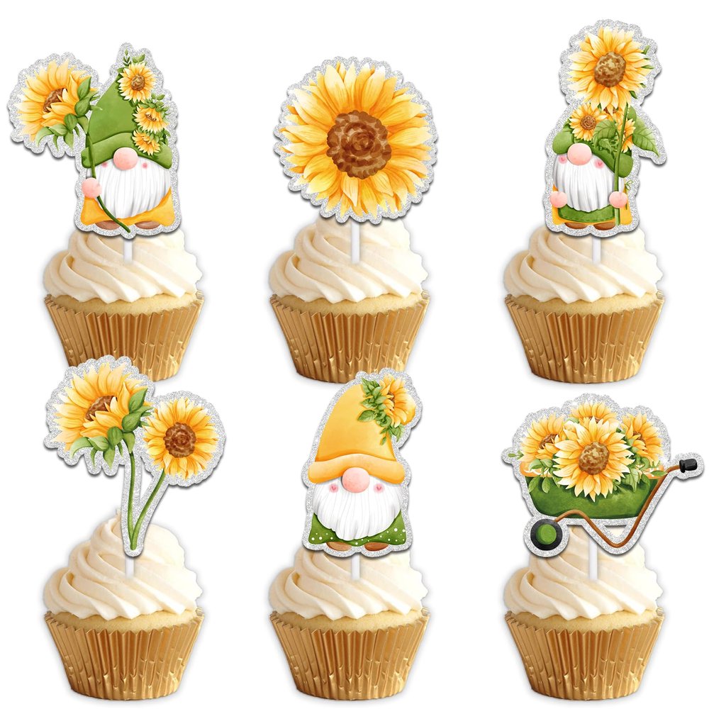 18pcs Gold Yellow Glitter Sunflower Dessert Cupcake Topper Picks Summer Floral Plant Decor Supplies for Women Girl Happy Birthday Party Anniversary Decorations set